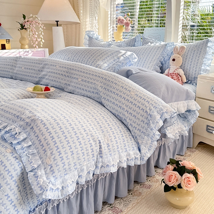 91家纺网 家纺一手货源 找家纺 韩约家纺 2026新款韩式双层花边古法棉感床盖四件套 蝴蝶伙伴