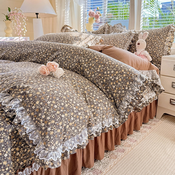 91家纺网 家纺一手货源 找家纺 韩约家纺 2026新款韩式双层花边古法棉感床盖四件套 繁花似锦