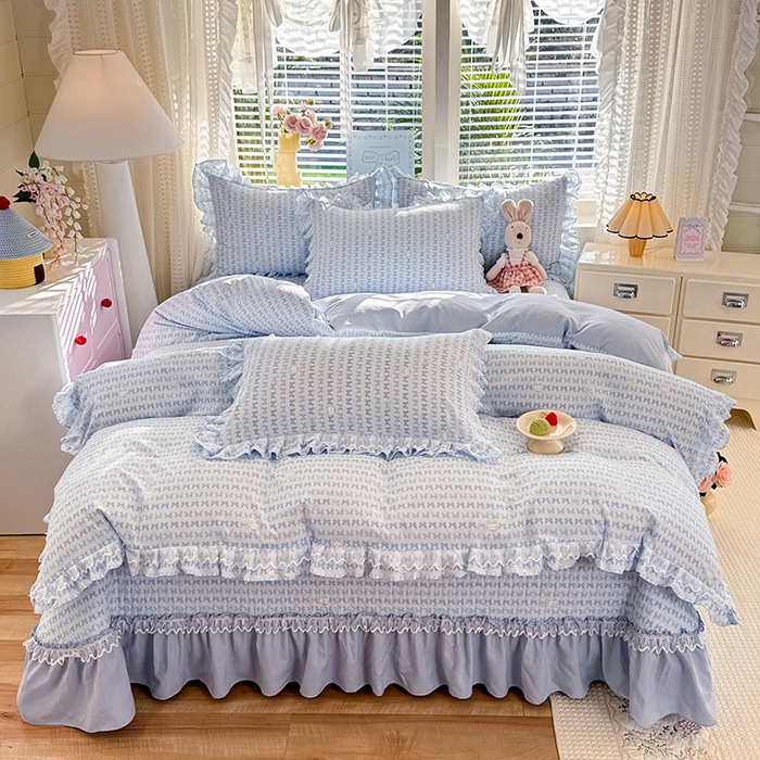 91家纺网 家纺一手货源 找家纺 韩约家纺 2026新款韩式双层花边古法棉感床盖四件套 蝴蝶伙伴