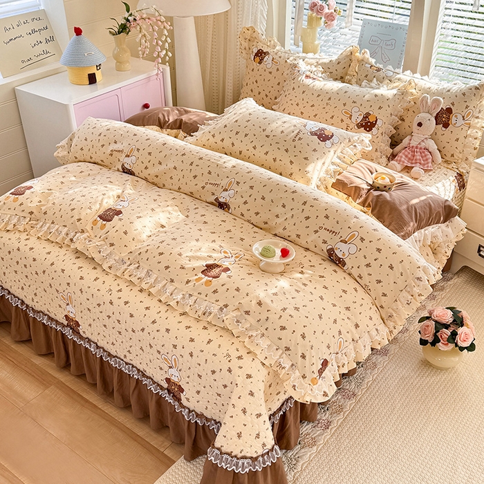 91家纺网 家纺一手货源 找家纺 韩约家纺 2026新款韩式双层花边古法棉感床盖四件套 萌萌兔