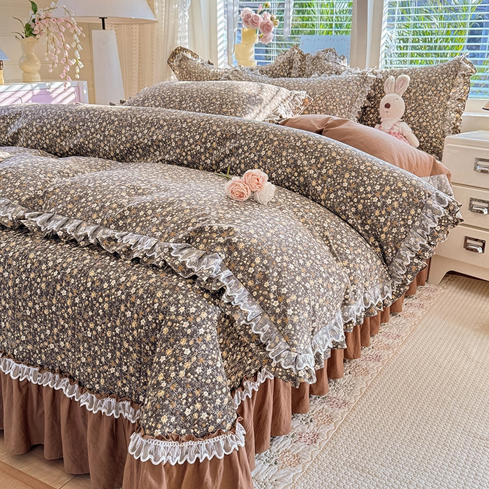 91家纺网 家纺一手货源 找家纺 韩约家纺 2026新款韩式双层花边古法棉感床盖四件套 繁花似锦