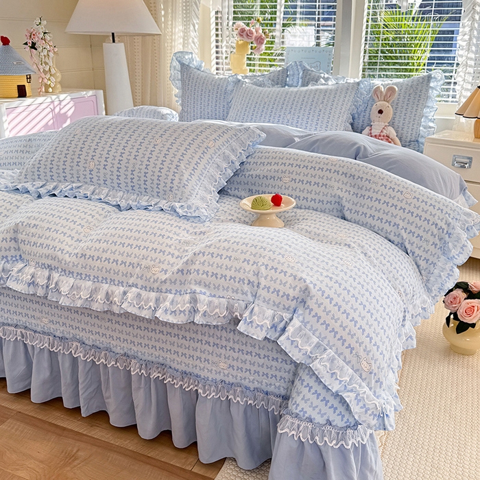 91家纺网 家纺一手货源 找家纺 韩约家纺 2026新款韩式双层花边古法棉感床盖四件套 蝴蝶伙伴