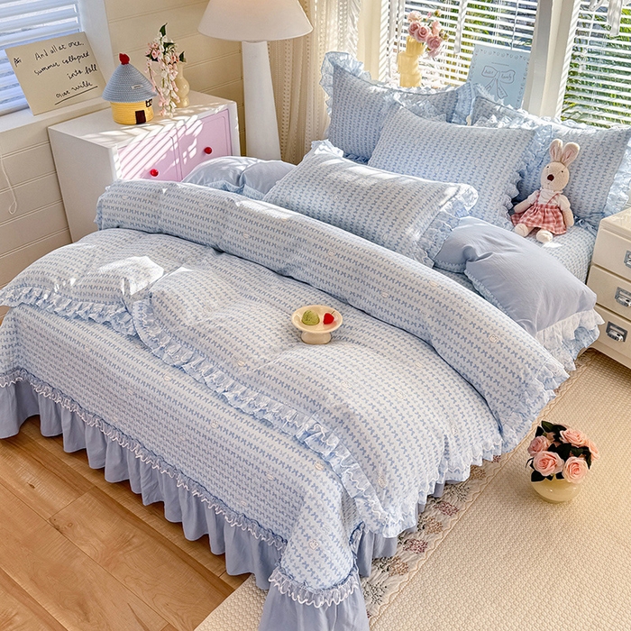 91家纺网 家纺一手货源 找家纺 韩约家纺 2026新款韩式双层花边古法棉感床盖四件套 蝴蝶伙伴