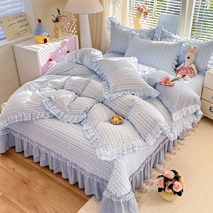 91家纺网 家纺一手货源 找家纺 韩约家纺 2026新款韩式双层花边古法棉感床盖四件套 蝴蝶伙伴