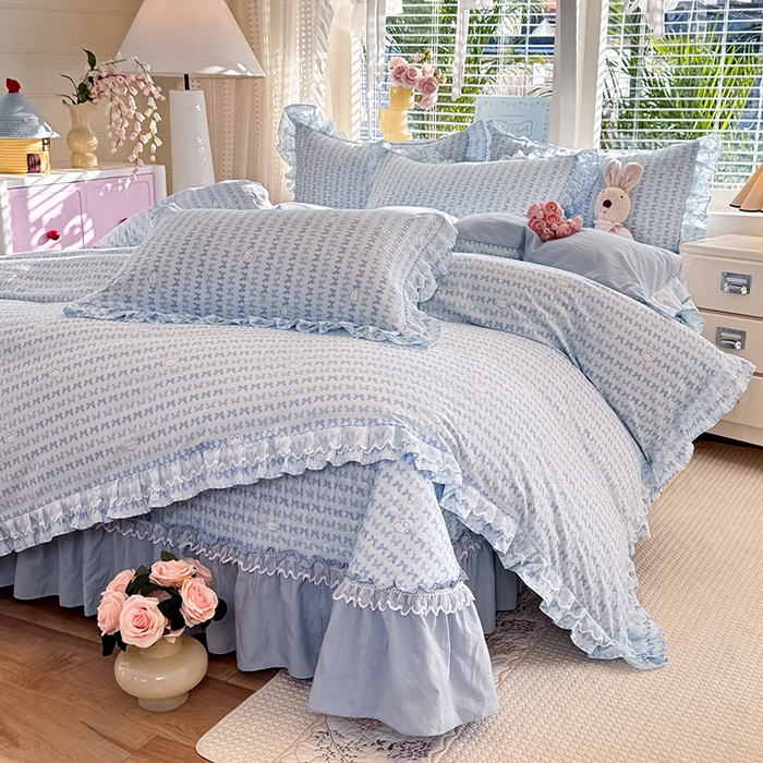 91家纺网 家纺一手货源 找家纺 韩约家纺 2026新款韩式双层花边古法棉感床盖四件套 蝴蝶伙伴