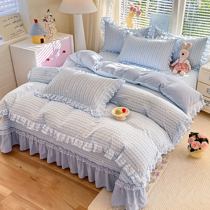 91家纺网 家纺一手货源 找家纺 韩约家纺 2026新款韩式双层花边古法棉感床盖四件套 蝴蝶伙伴