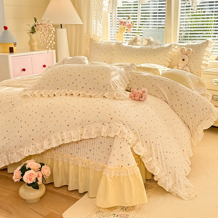 91家纺网 家纺一手货源 找家纺 韩约家纺 2026新款韩式双层花边古法棉感床盖四件套 彩心