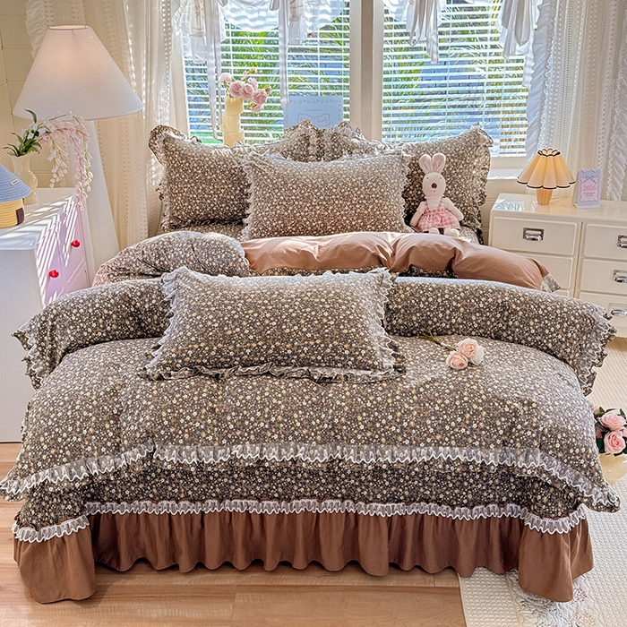 91家纺网 家纺一手货源 找家纺 韩约家纺 2026新款韩式双层花边古法棉感床盖四件套 繁花似锦