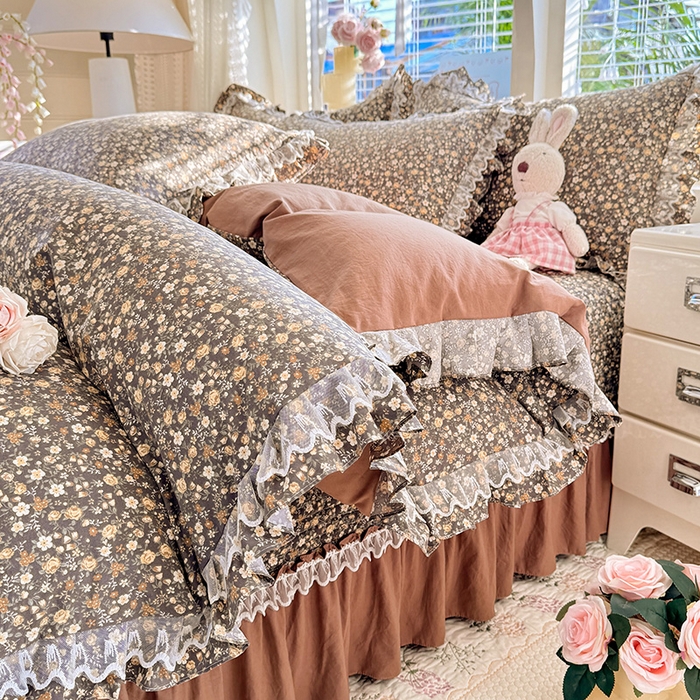 91家纺网 家纺一手货源 找家纺 韩约家纺 2026新款韩式双层花边古法棉感床盖四件套 繁花似锦