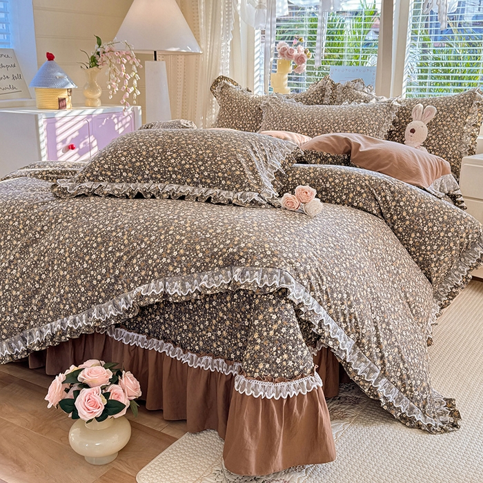 91家纺网 家纺一手货源 找家纺 韩约家纺 2026新款韩式双层花边古法棉感床盖四件套 繁花似锦