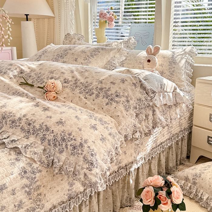 91家纺网 家纺一手货源 找家纺 （总）韩约家纺 2026新款韩式双层花边古法棉感床盖四件套