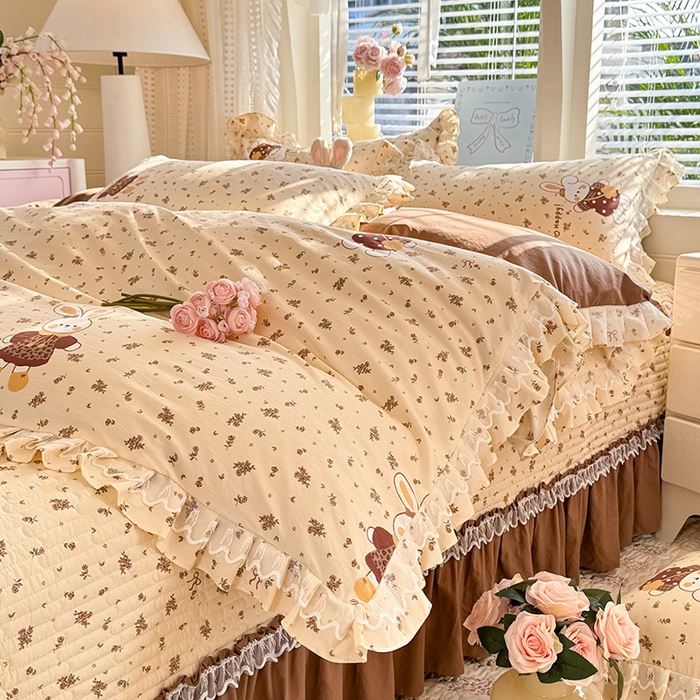 韩约家纺 2026新款韩式双层花边古法棉感床盖四件套 萌萌兔