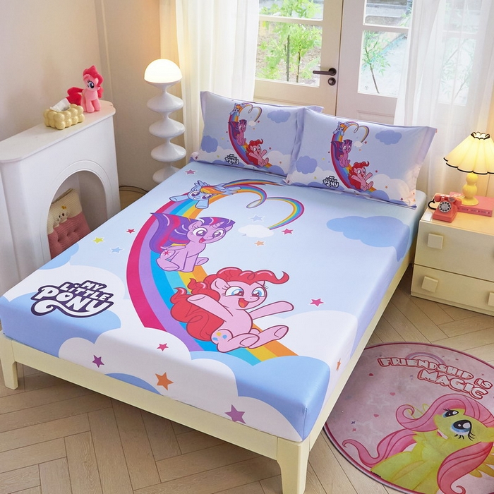 91家纺网 家纺一手货源 找家纺 蘭菲家纺 2026新款全棉纯棉大版卡通单床笠床笠单件-小马宝莉 嗨皮.宝莉