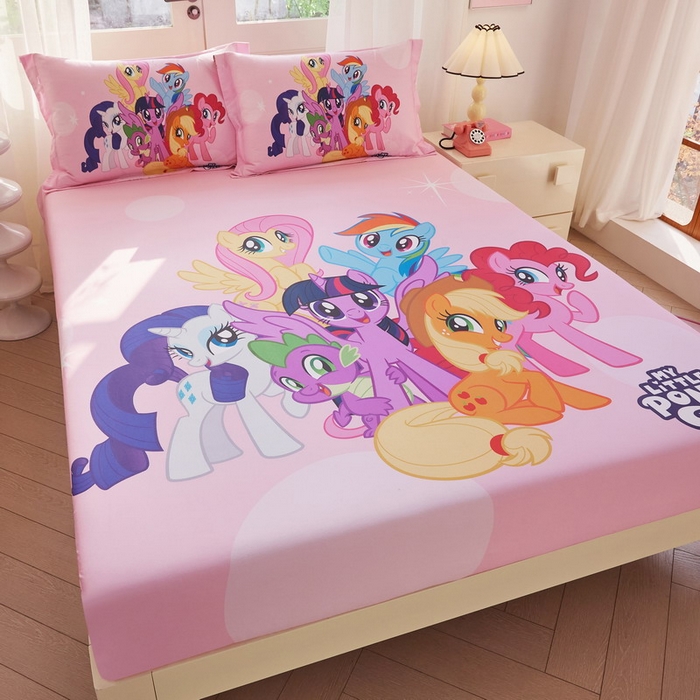 91家纺网 家纺一手货源 找家纺 蘭菲家纺 2026新款全棉纯棉大版卡通单床笠床笠单件-小马宝莉 大家族.宝莉