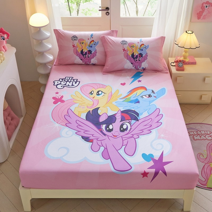 91家纺网 家纺一手货源 找家纺 蘭菲家纺 2026新款全棉纯棉大版卡通单床笠床笠单件-小马宝莉 飞翔.宝莉