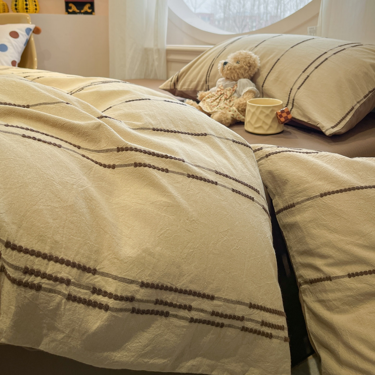 91家纺网 家纺一手货源 找家纺 莱茵家居 2026新款A类60支全棉纯棉复古美拉德色织提花四件套-慕星系列 慕星-深棕