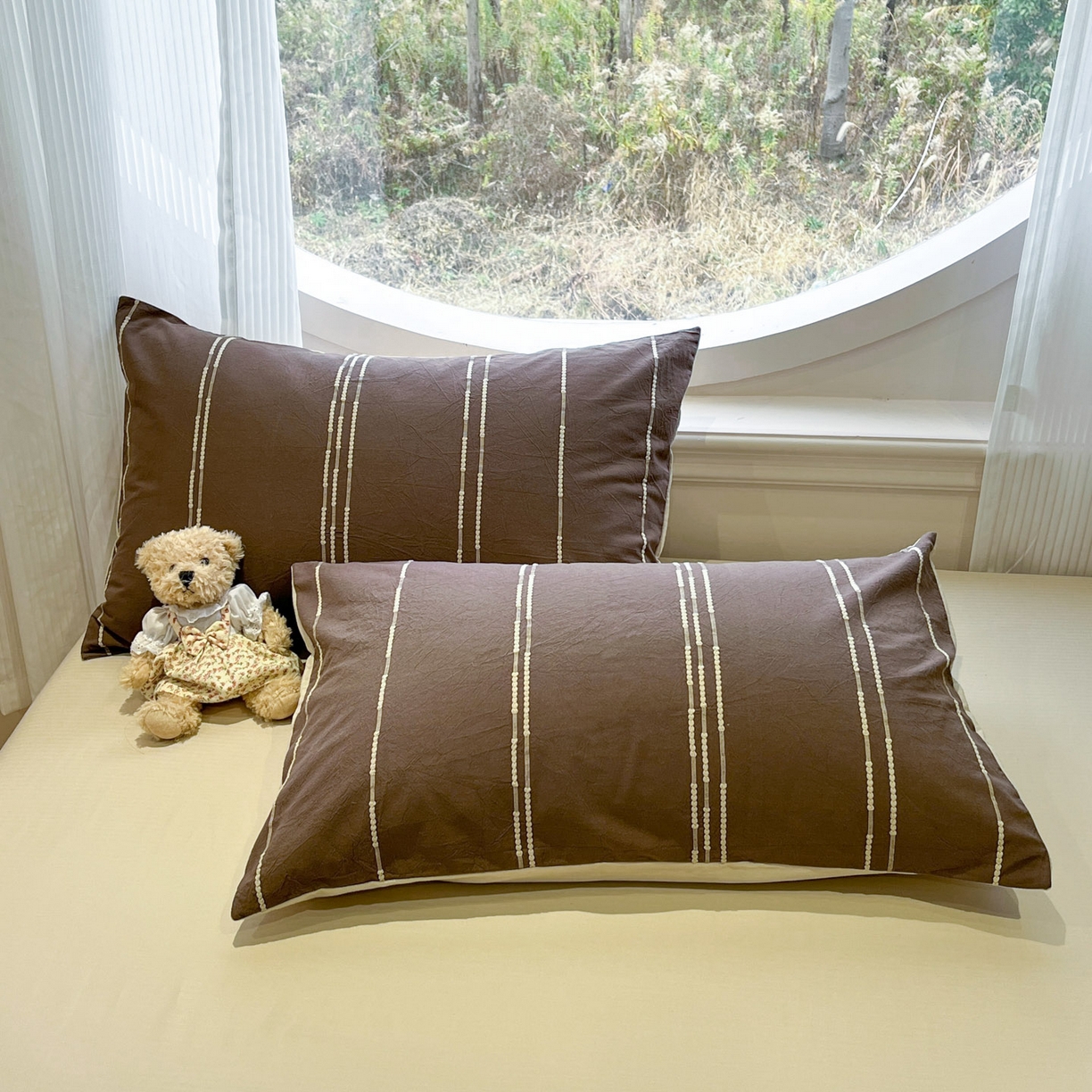 91家纺网 家纺一手货源 找家纺 莱茵家居 2026新款A类60支全棉纯棉复古美拉德色织提花四件套-慕星系列 慕星-可可