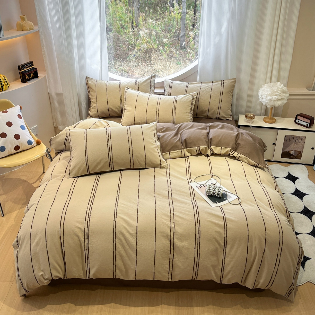 91家纺网 家纺一手货源 找家纺 莱茵家居 2026新款A类60支全棉纯棉复古美拉德色织提花四件套-慕星系列 慕星-深棕