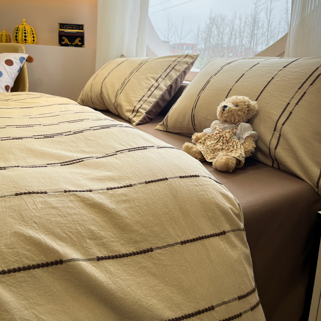 91家纺网 家纺一手货源 找家纺 莱茵家居 2026新款A类60支全棉纯棉复古美拉德色织提花四件套-慕星系列 慕星-深棕