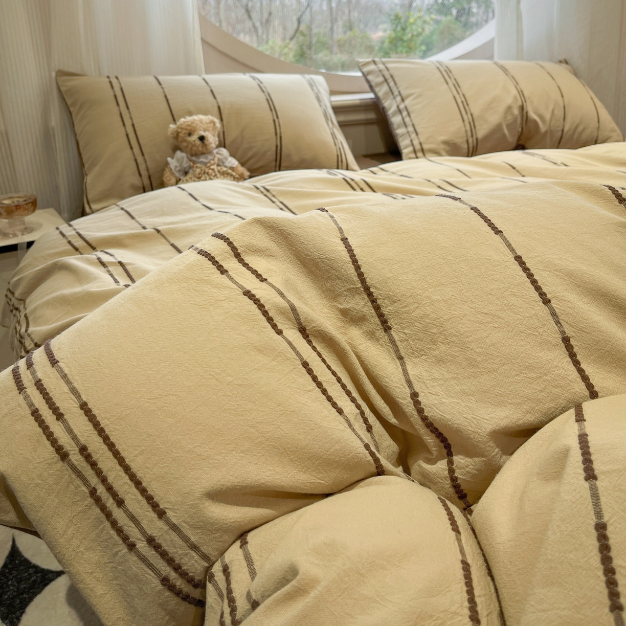 91家纺网 家纺一手货源 找家纺 莱茵家居 2026新款A类60支全棉纯棉复古美拉德色织提花四件套-慕星系列 慕星-深棕