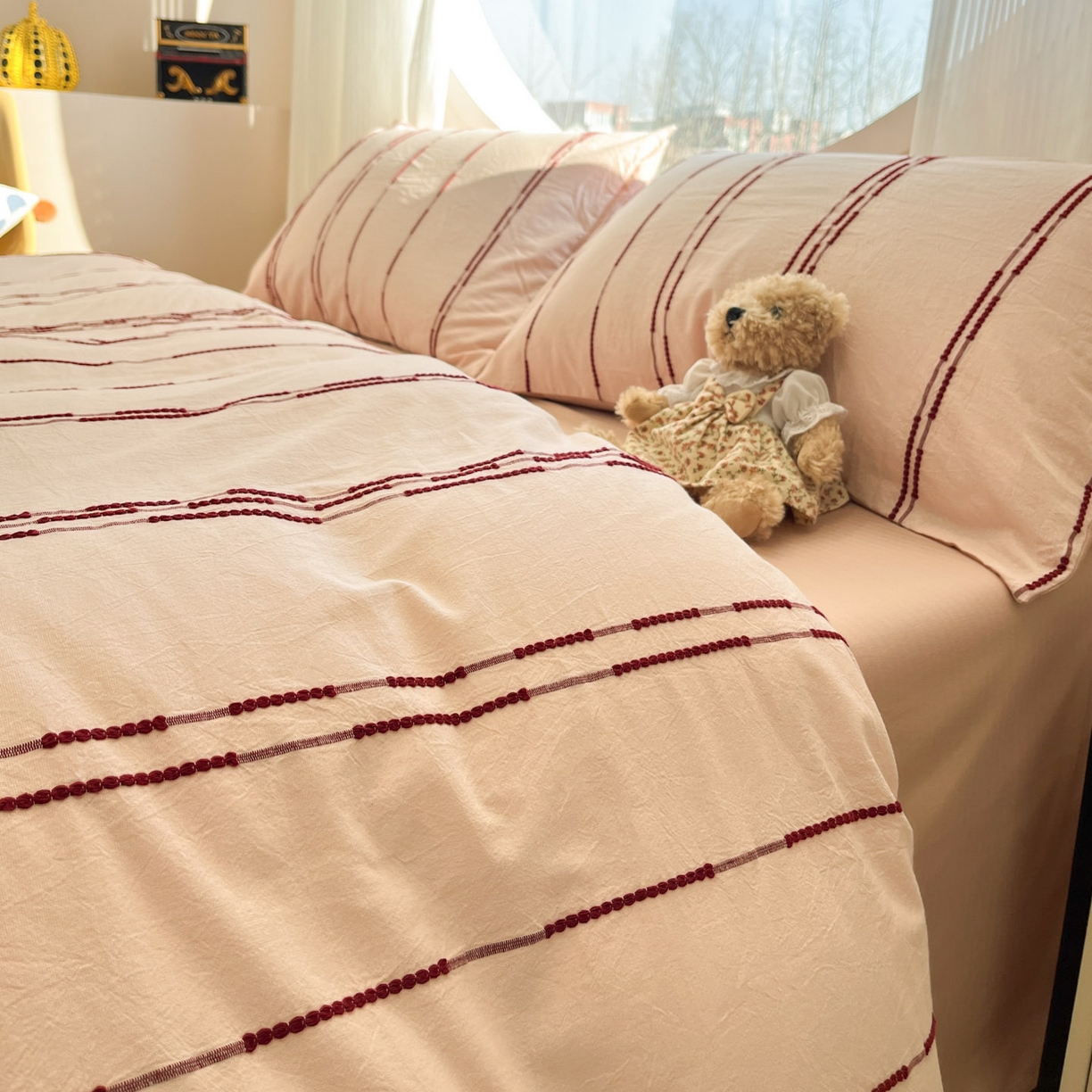 91家纺网 家纺一手货源 找家纺 莱茵家居 2026新款A类60支全棉纯棉复古美拉德色织提花四件套-慕星系列 慕星-浅粉