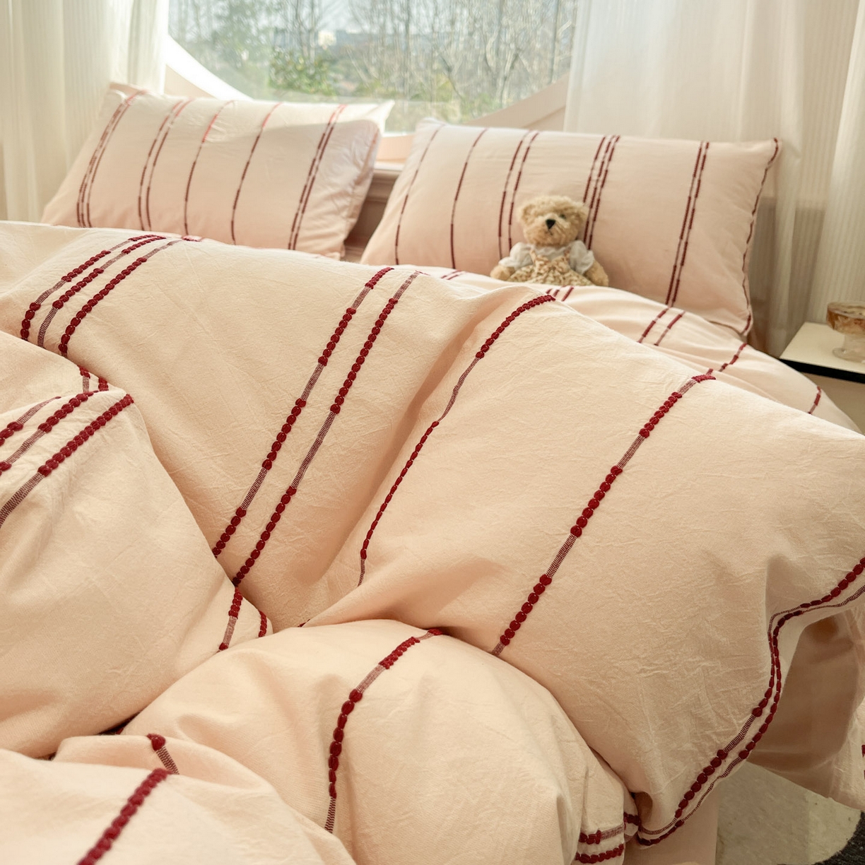 91家纺网 家纺一手货源 找家纺 莱茵家居 2026新款A类60支全棉纯棉复古美拉德色织提花四件套-慕星系列 慕星-浅粉