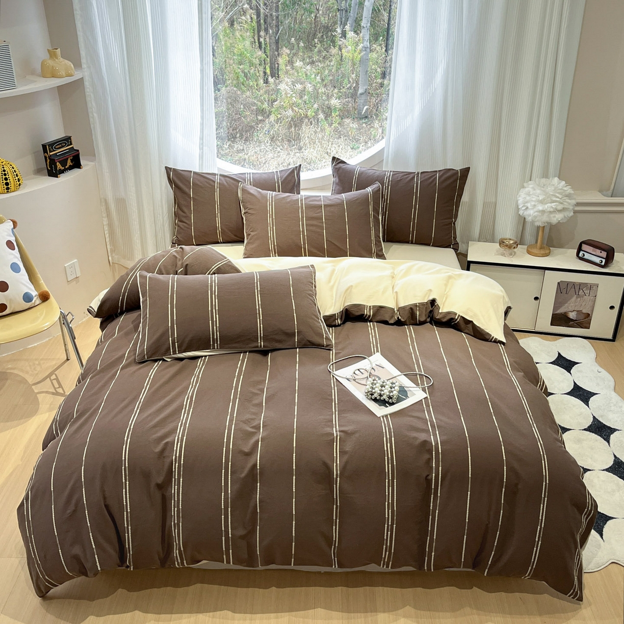 91家纺网 家纺一手货源 找家纺 莱茵家居 2026新款A类60支全棉纯棉复古美拉德色织提花四件套-慕星系列 慕星-可可