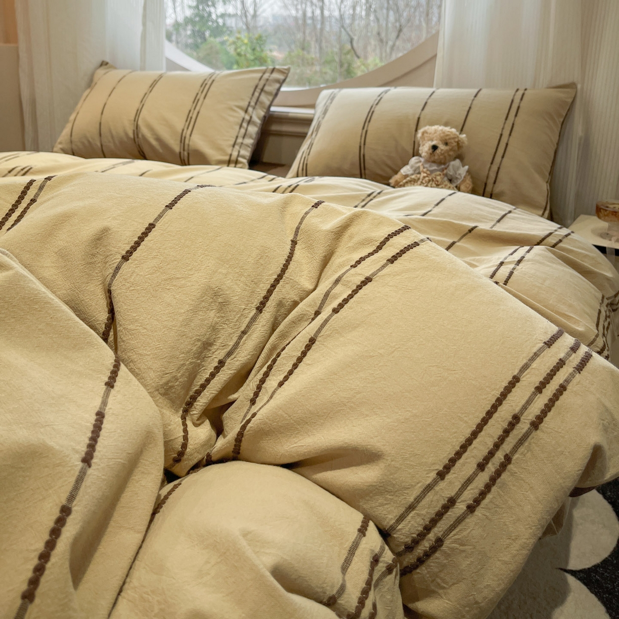 91家纺网 家纺一手货源 找家纺 莱茵家居 2026新款A类60支全棉纯棉复古美拉德色织提花四件套-慕星系列 慕星-深棕