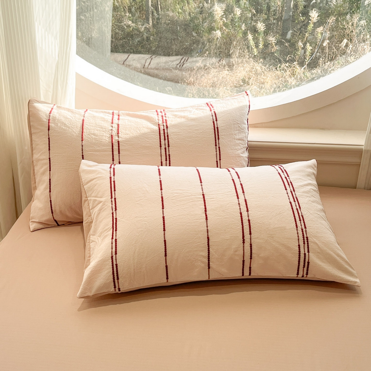 91家纺网 家纺一手货源 找家纺 莱茵家居 2026新款A类60支全棉纯棉复古美拉德色织提花四件套-慕星系列 慕星-浅粉