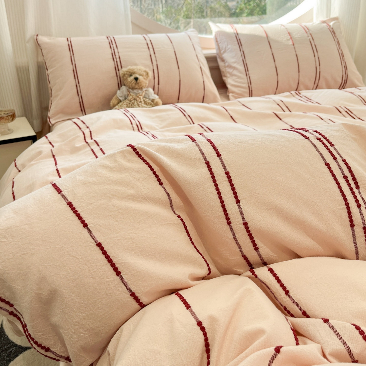 91家纺网 家纺一手货源 找家纺 莱茵家居 2026新款A类60支全棉纯棉复古美拉德色织提花四件套-慕星系列 慕星-浅粉