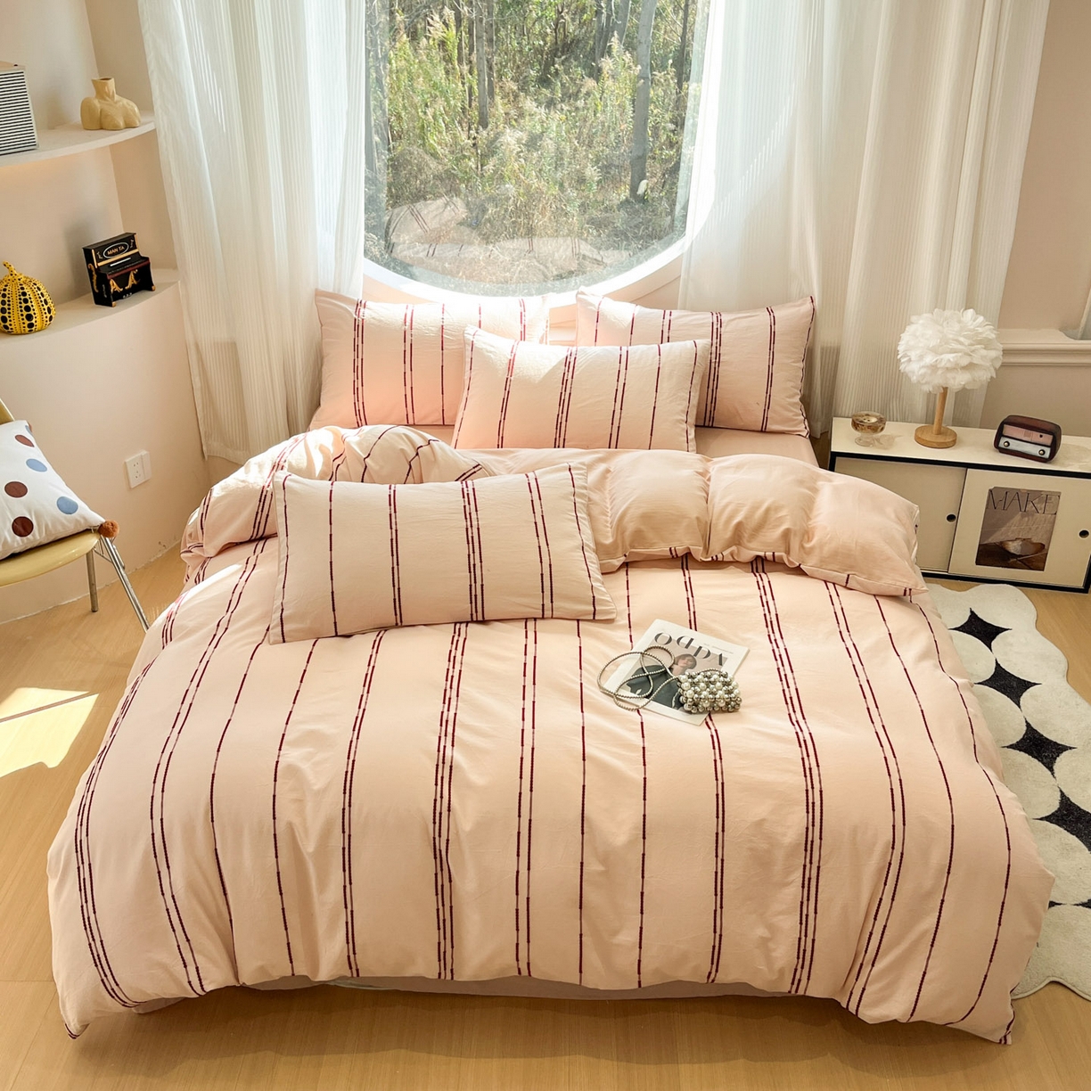 91家纺网 家纺一手货源 找家纺 莱茵家居 2026新款A类60支全棉纯棉复古美拉德色织提花四件套-慕星系列 慕星-浅粉