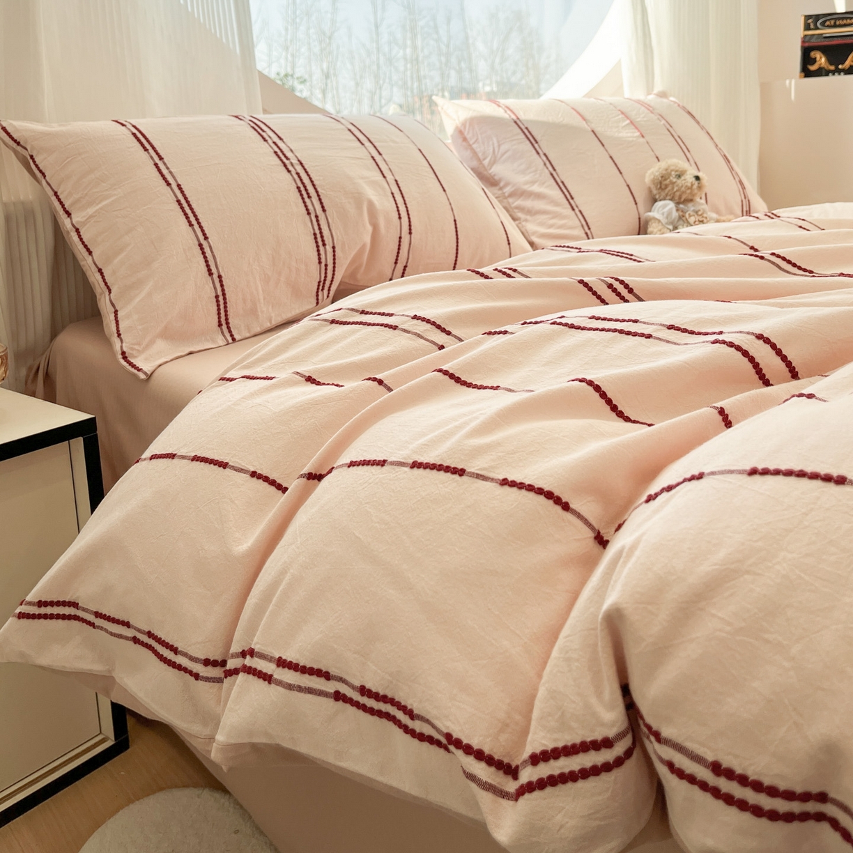 91家纺网 家纺一手货源 找家纺 莱茵家居 2026新款A类60支全棉纯棉复古美拉德色织提花四件套-慕星系列 慕星-浅粉