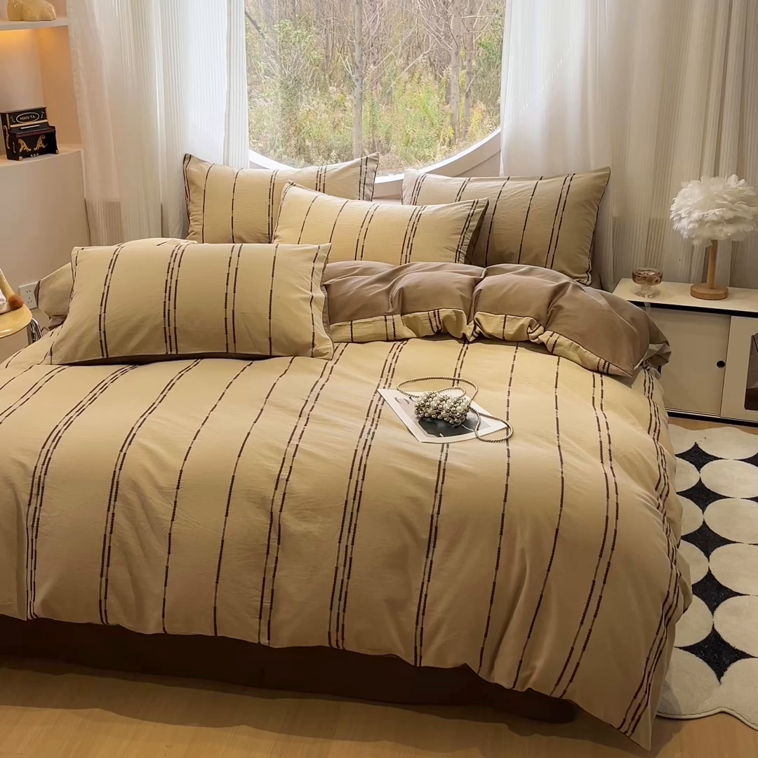 91家纺网 家纺一手货源 找家纺 莱茵家居 2026新款A类60支全棉纯棉复古美拉德色织提花四件套-慕星系列 慕星-深棕