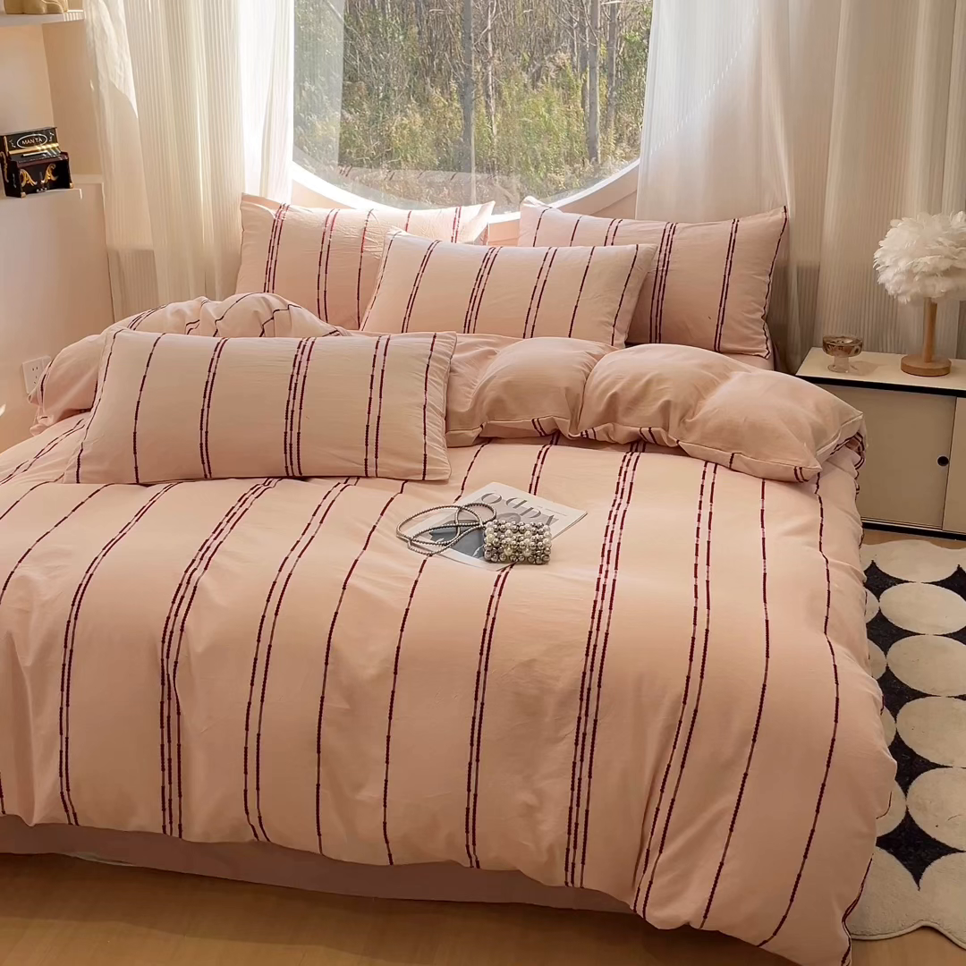 91家纺网 家纺一手货源 找家纺 莱茵家居 2026新款A类60支全棉纯棉复古美拉德色织提花四件套-慕星系列 慕星-浅粉