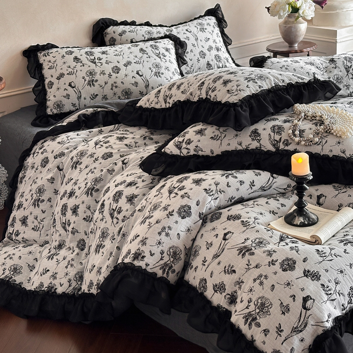 91家纺网 家纺一手货源 找家纺 （总）莱茵家居 2026新款A类法式花边复古60支全棉纯棉色织大提花四件套-梦境系列