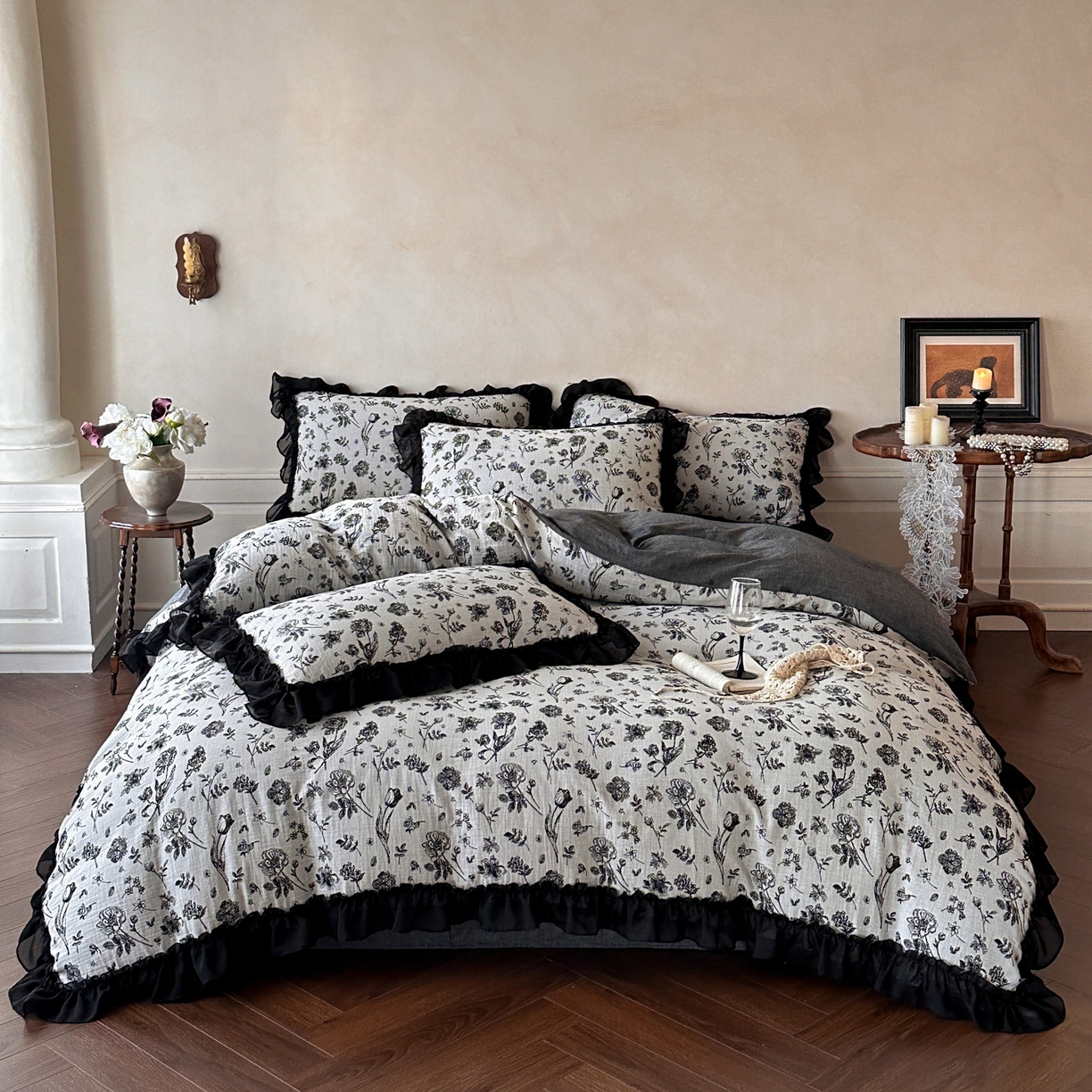 91家纺网 家纺一手货源 找家纺 （总）莱茵家居 2026新款A类法式花边复古60支全棉纯棉色织大提花四件套-梦境系列