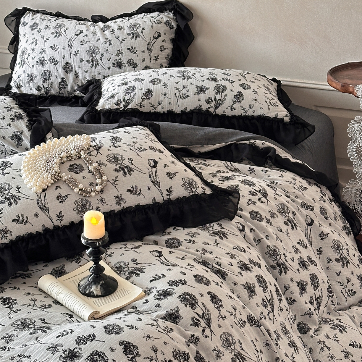 91家纺网 家纺一手货源 找家纺 （总）莱茵家居 2026新款A类法式花边复古60支全棉纯棉色织大提花四件套-梦境系列