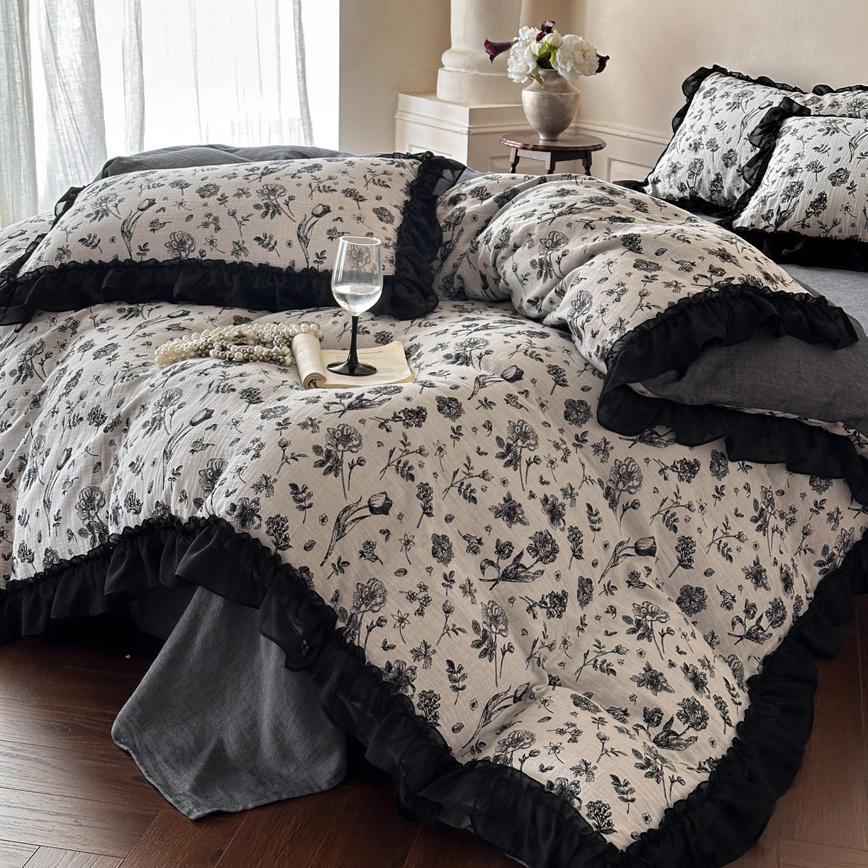 91家纺网 家纺一手货源 找家纺 莱茵家居 2026新款A类法式花边复古60支全棉纯棉色织大提花四件套-梦境系列 梦境-茶歇