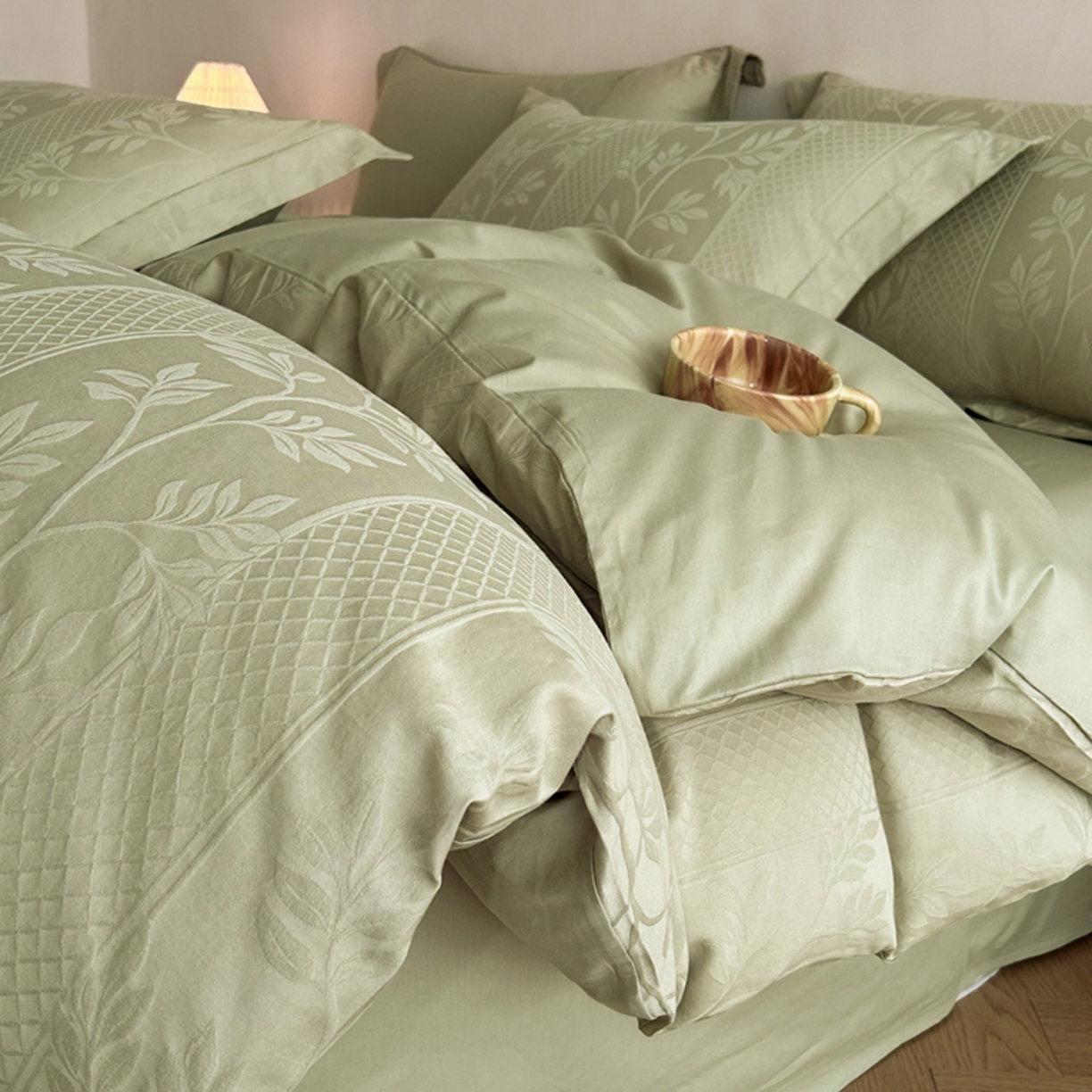 莱茵家居 2026新款A类60支长绒棉纯棉提花贡缎大提花四件套光泽绸缎感轻奢风 湫波-绿