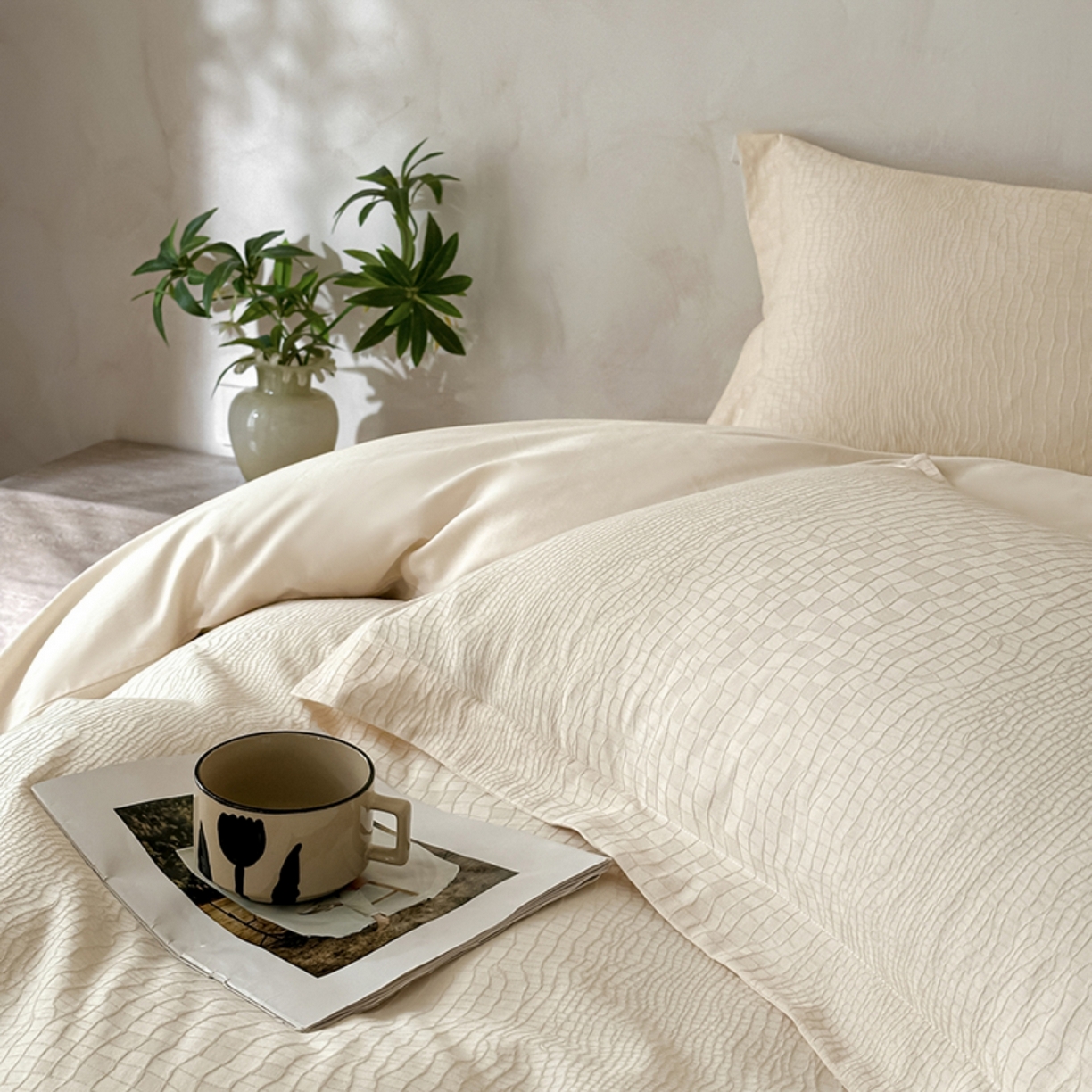 91家纺网 家纺一手货源 找家纺 莱茵家居 2026新款A类60支长绒棉纯棉提花贡缎大提花四件套光泽绸缎感轻奢风 素简-奶白