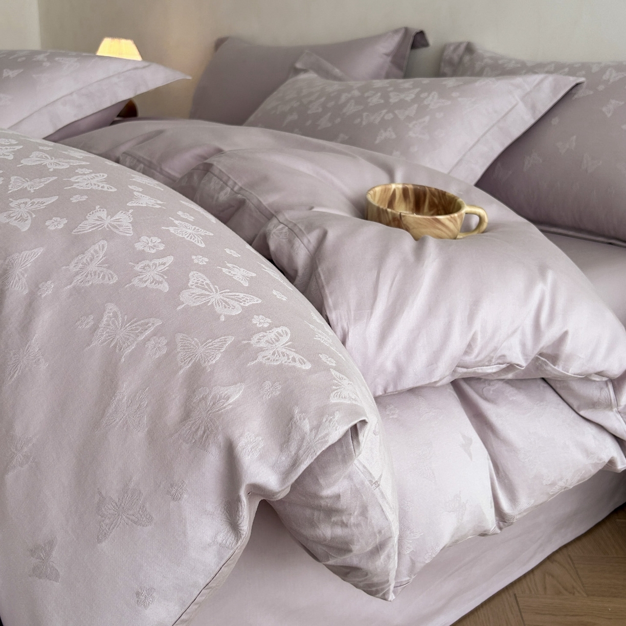 莱茵家居 2026新款A类60支长绒棉纯棉提花贡缎大提花四件套光泽绸缎感轻奢风 花漪-紫