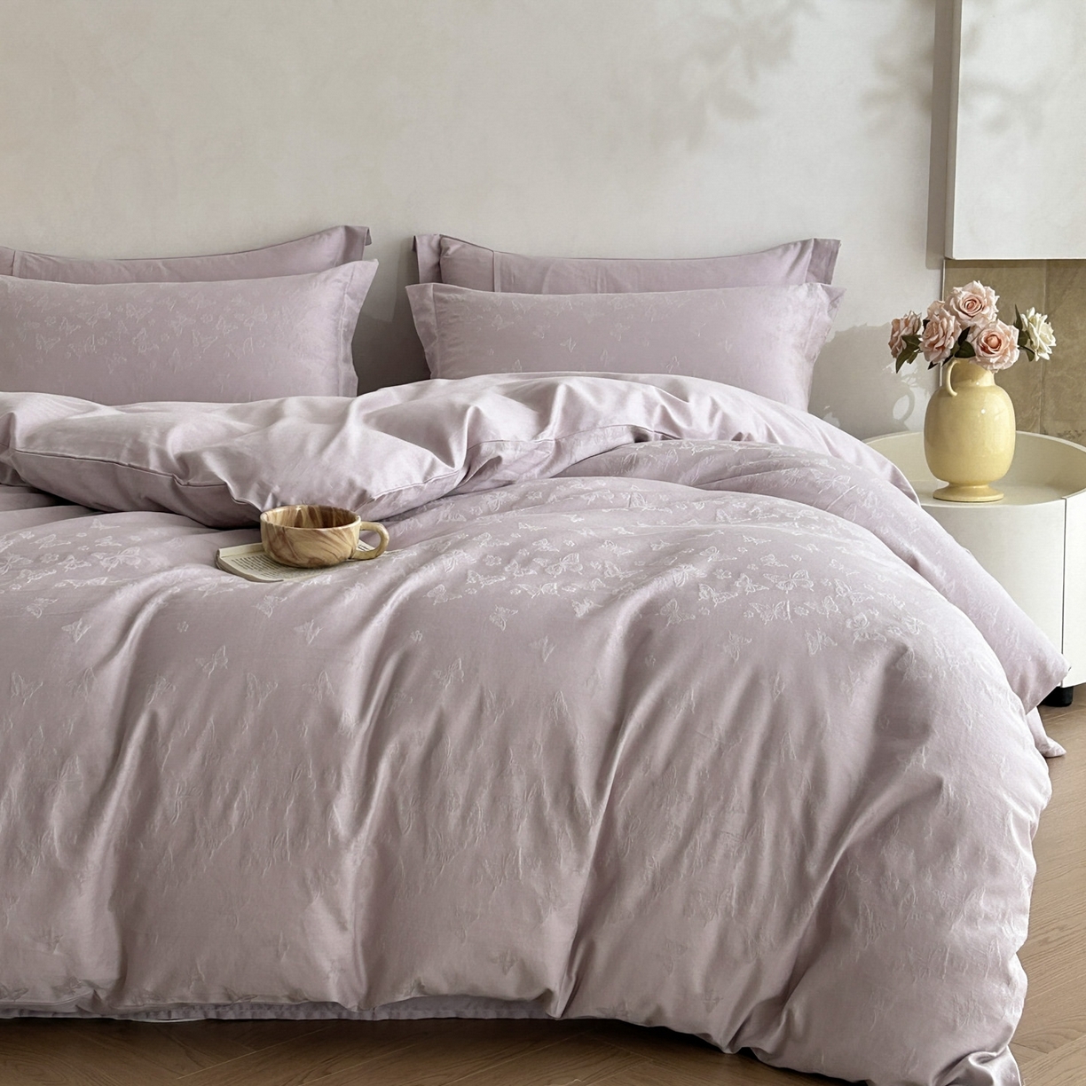 91家纺网 家纺一手货源 找家纺 莱茵家居 2026新款A类60支长绒棉纯棉提花贡缎大提花四件套光泽绸缎感轻奢风 花漪-紫