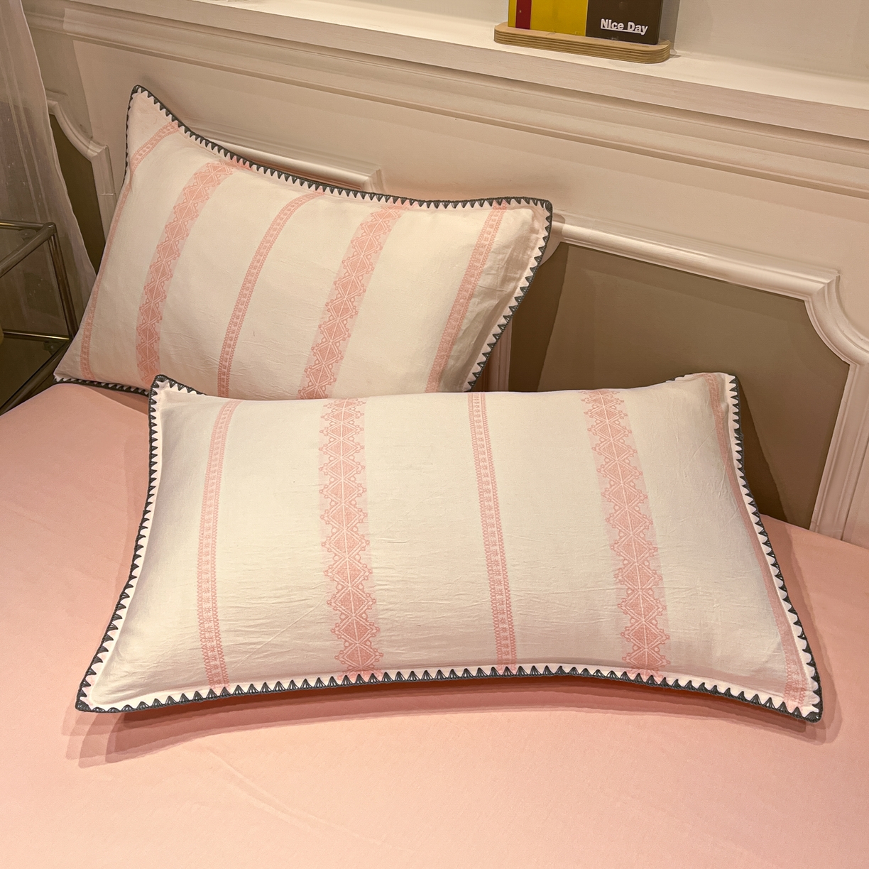 91家纺网 家纺一手货源 找家纺 （总）莱茵家居 2026新款A类全棉纯棉色织大提花贝壳边四件套-序语松间系列