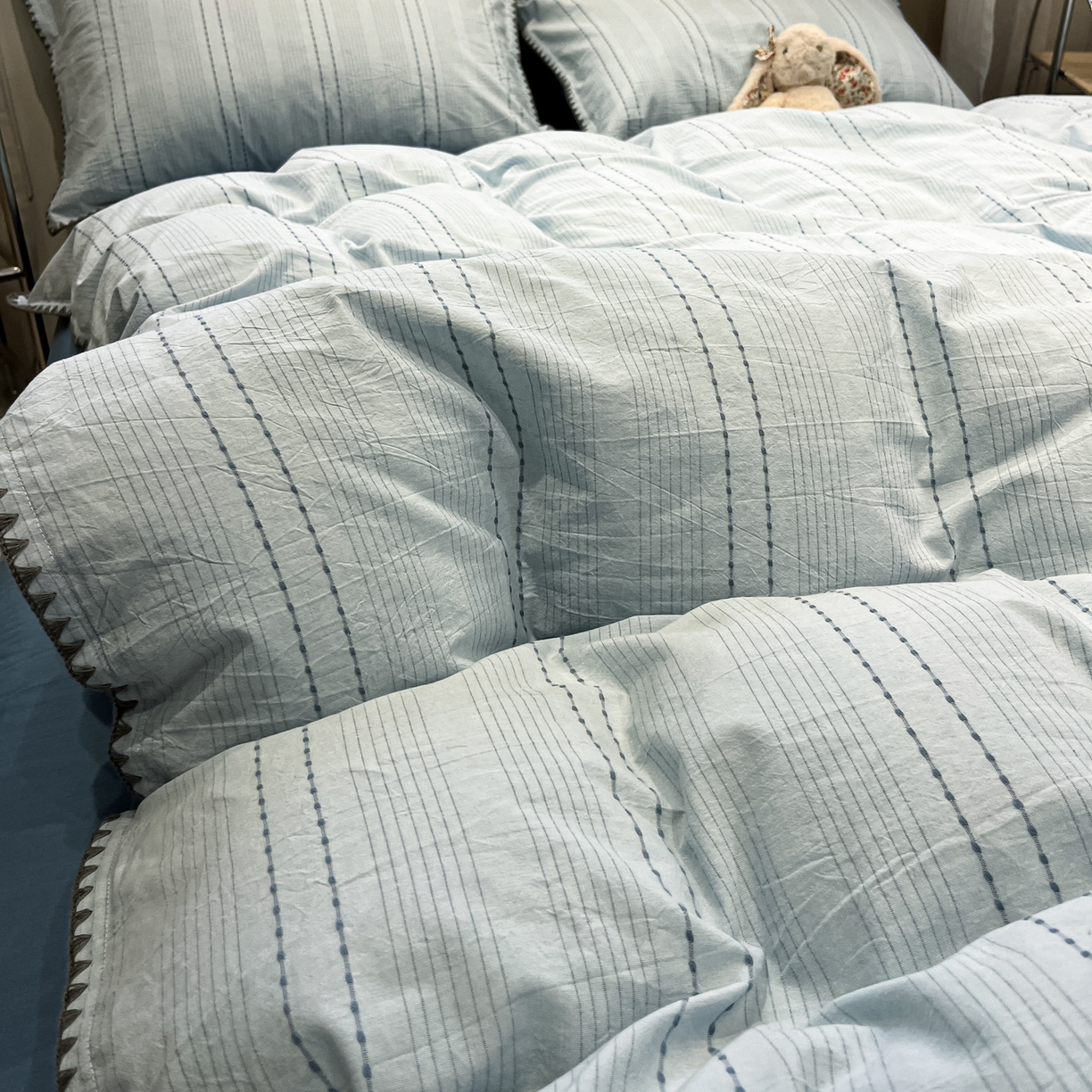 91家纺网 家纺一手货源 找家纺 莱茵家居 2026新款A类全棉纯棉色织大提花贝壳边四件套-序语松间系列 序语-蓝