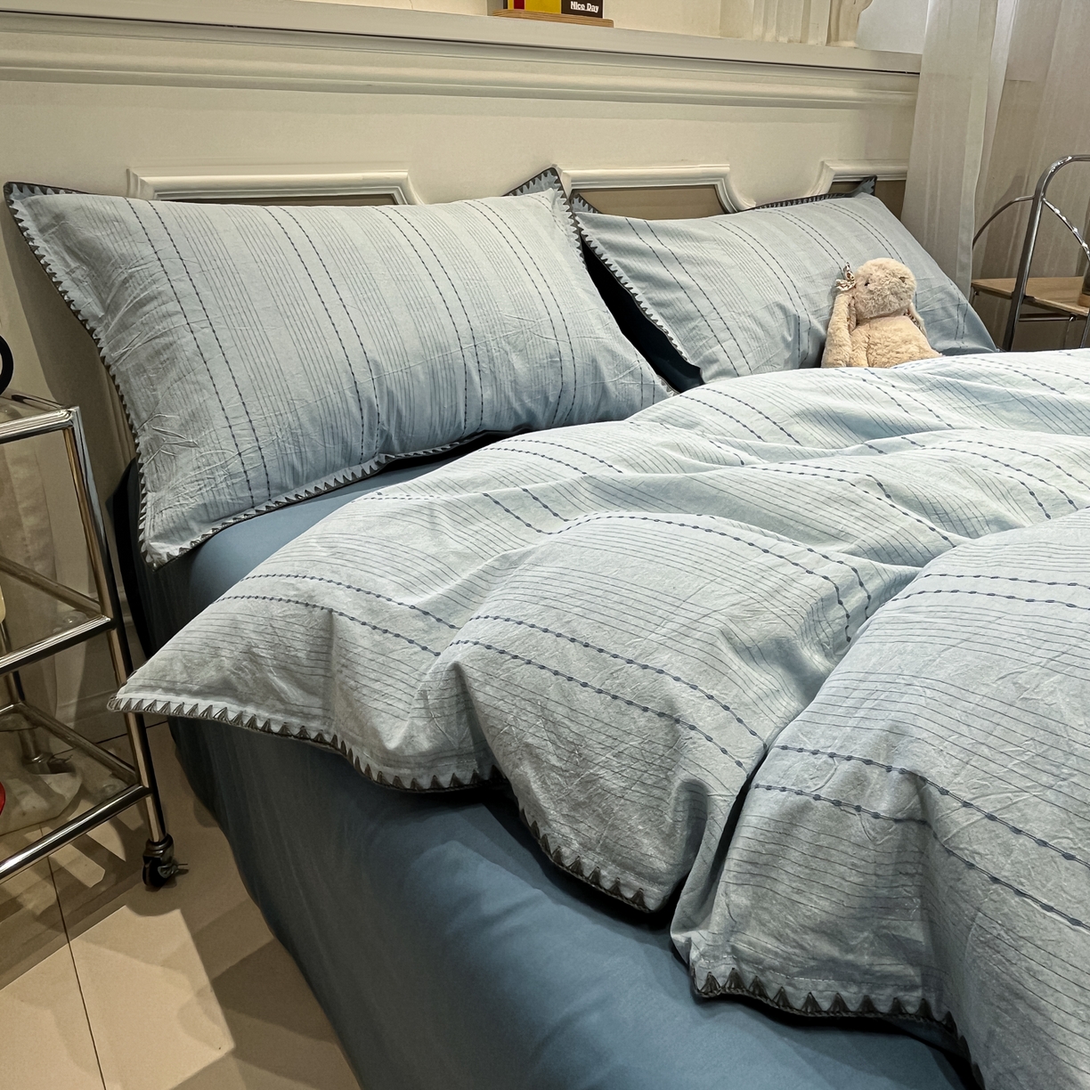 91家纺网 家纺一手货源 找家纺 莱茵家居 2026新款A类全棉纯棉色织大提花贝壳边四件套-序语松间系列 序语-蓝