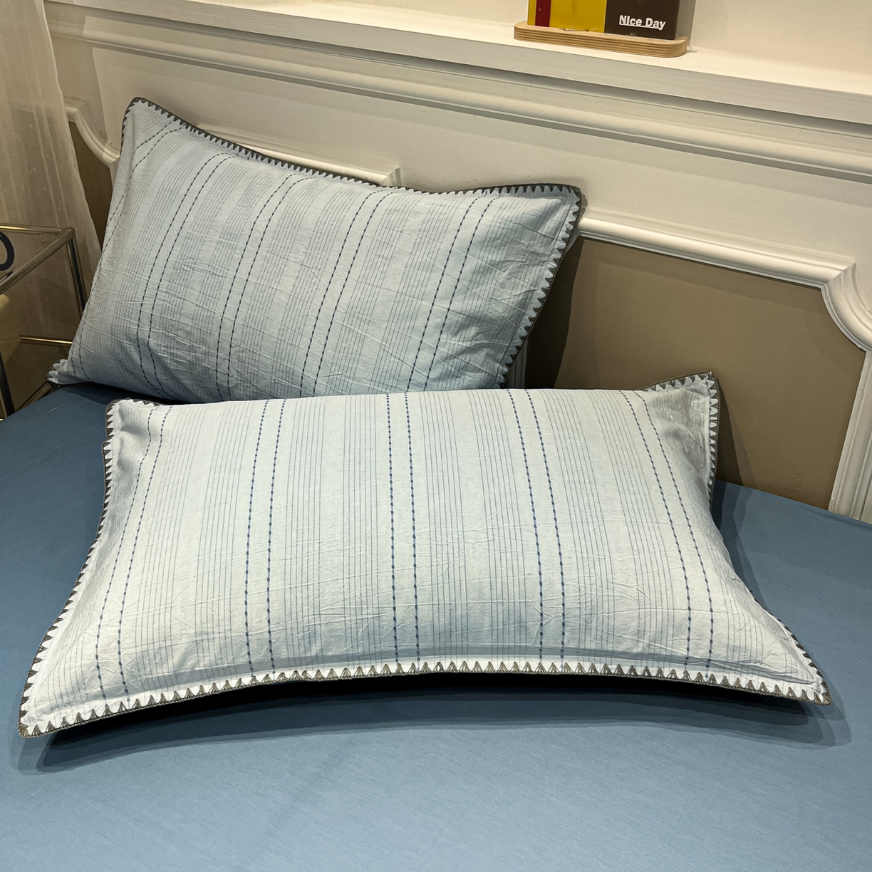 91家纺网 家纺一手货源 找家纺 莱茵家居 2026新款A类全棉纯棉色织大提花贝壳边四件套-序语松间系列 序语-蓝