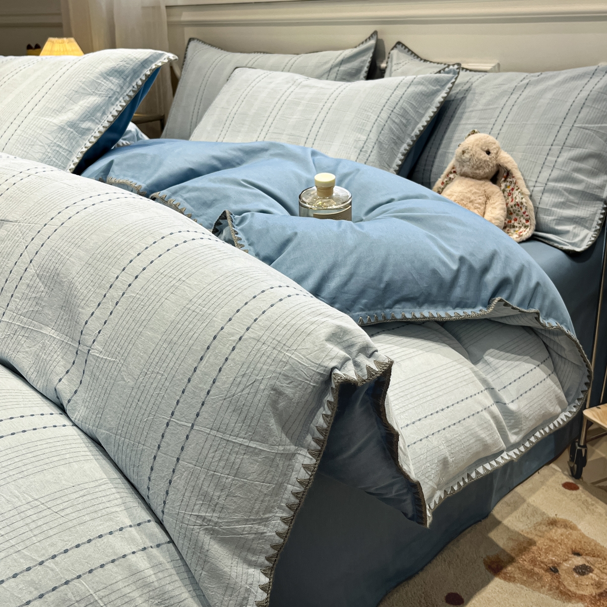 莱茵家居 2026新款A类全棉纯棉色织大提花贝壳边四件套-序语松间系列 序语-蓝