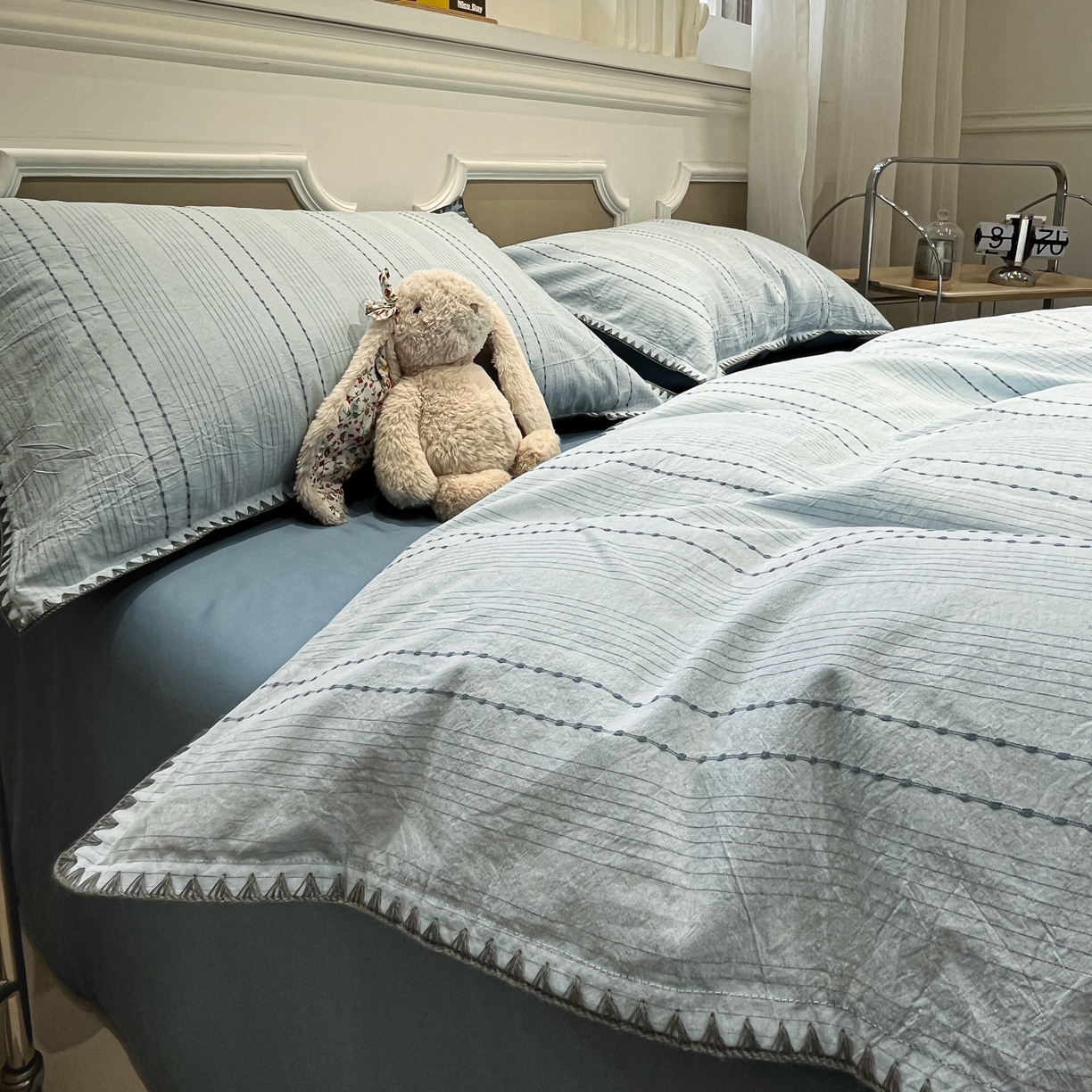 91家纺网 家纺一手货源 找家纺 莱茵家居 2026新款A类全棉纯棉色织大提花贝壳边四件套-序语松间系列 序语-蓝