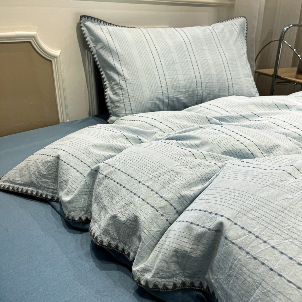 91家纺网 家纺一手货源 找家纺 莱茵家居 2026新款A类全棉纯棉色织大提花贝壳边四件套-序语松间系列 序语-蓝