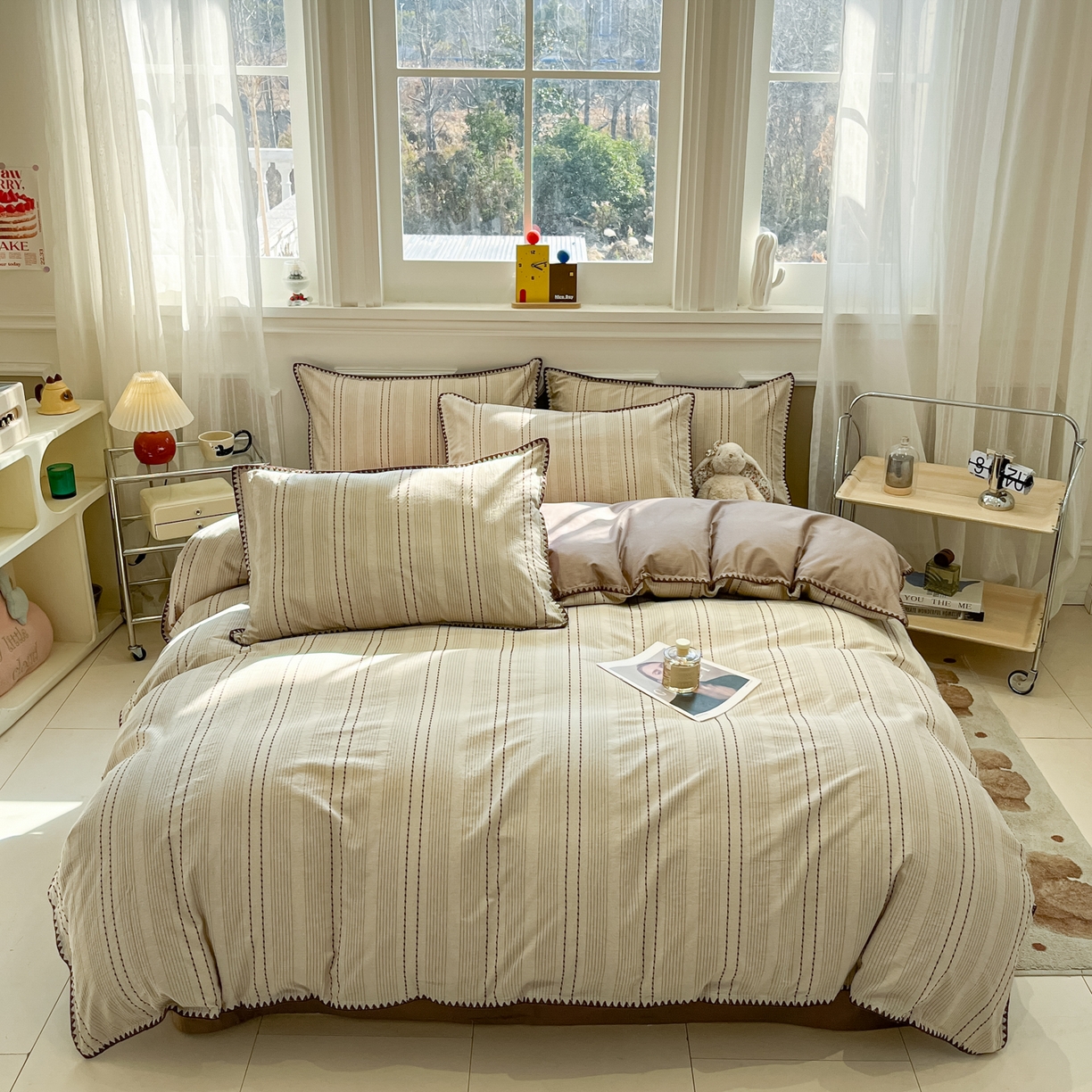 91家纺网 家纺一手货源 找家纺 莱茵家居 2026新款A类全棉纯棉色织大提花贝壳边四件套-序语松间系列 序语-咖